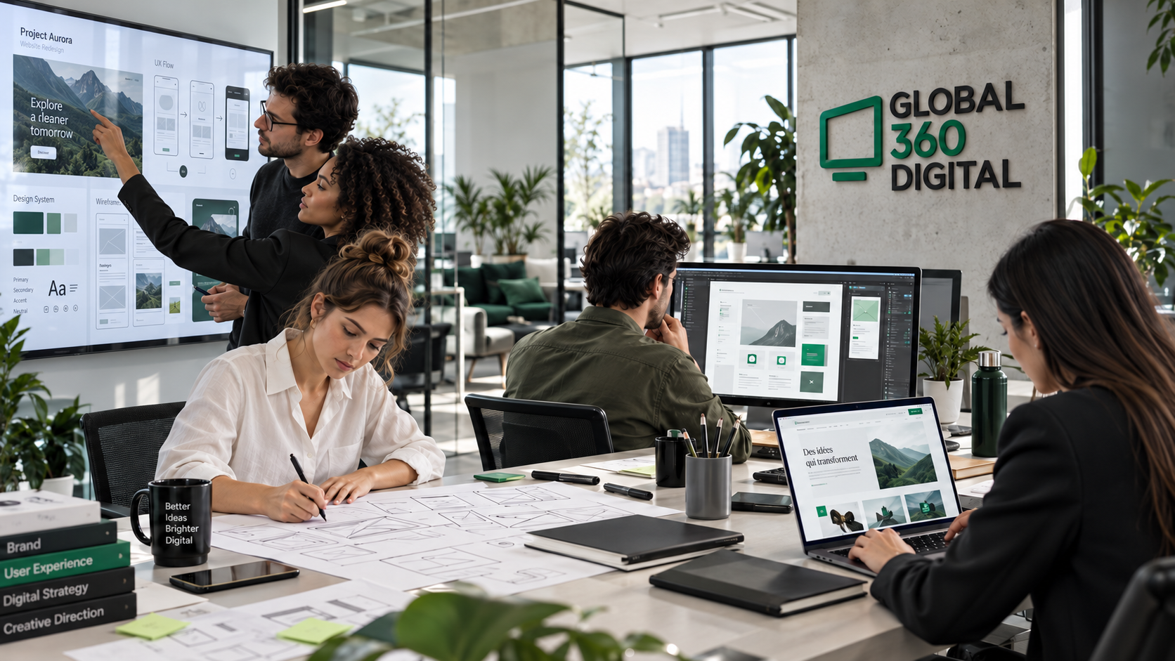 Équipe en atelier de conception : wireframes, design system et site final