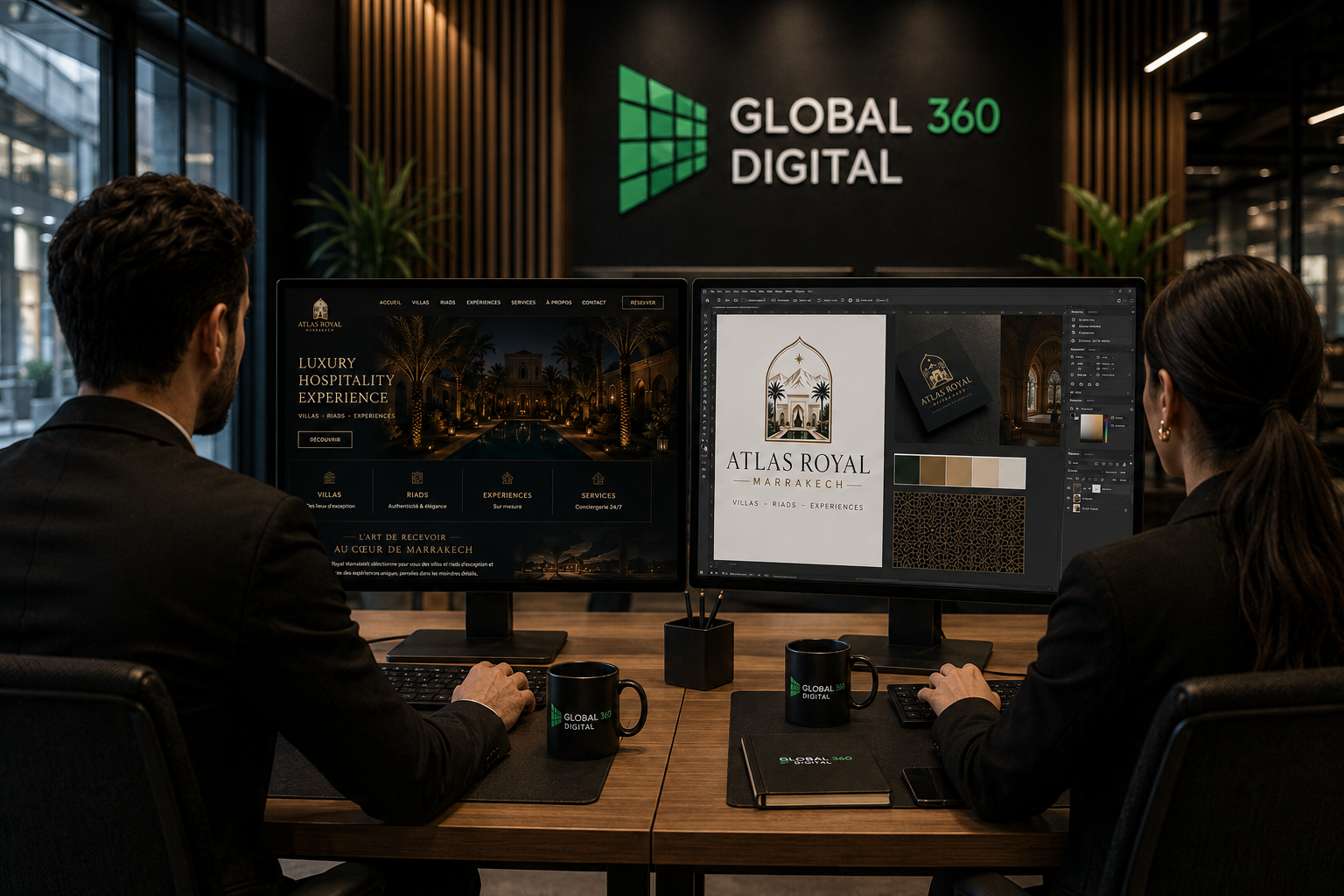 Équipe de l'agence travaillant sur l'identité visuelle et le branding de la marque Atlas Royal