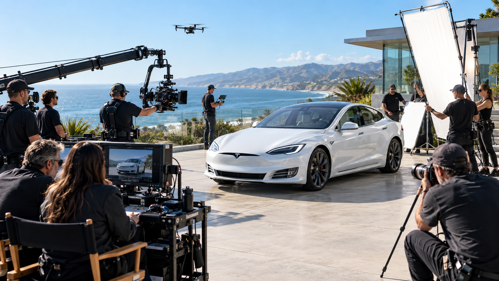 Tournage vidéo publicitaire d'une voiture avec équipe caméra, grue et drone en bord de mer